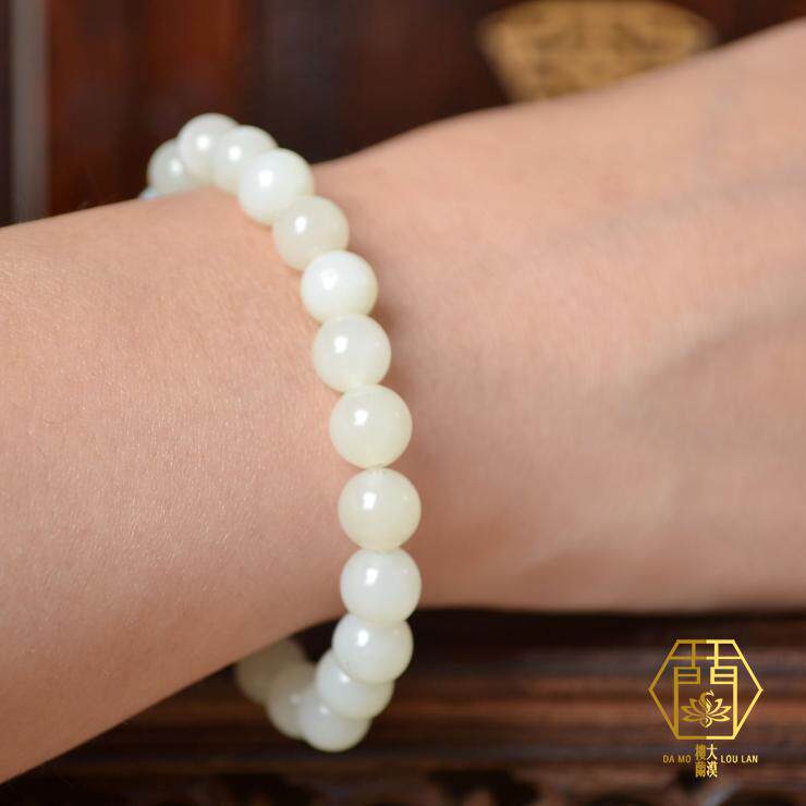 (Authentic) Desert Live Hetian Jade Xinjiang Seed Material White Jade Suet Hand 8mm Ball with Green Pine Bracelet