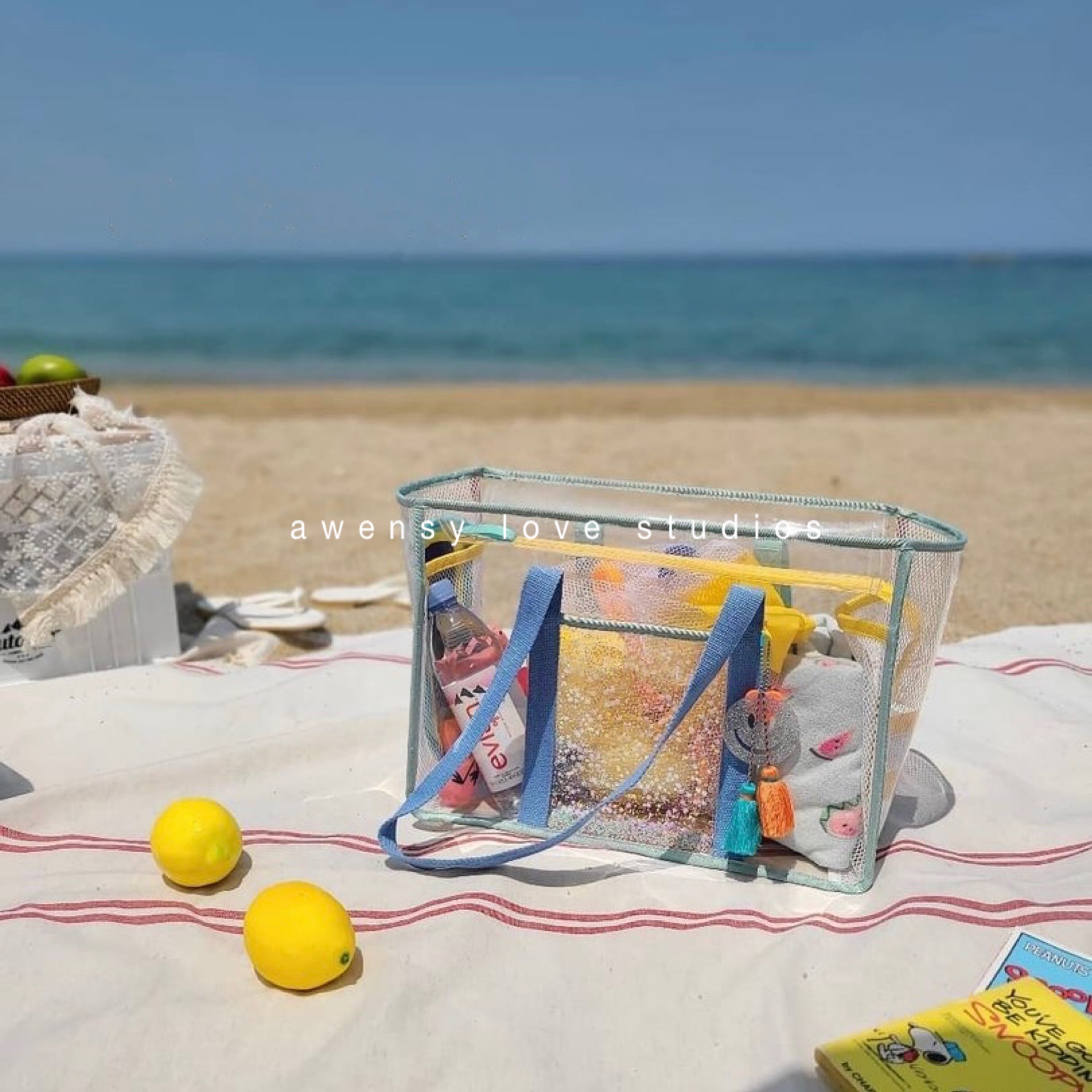 Awensy Korean style ins beach bag mommy bag dual-use cart bag large-capacity seaside swimming transparent bag