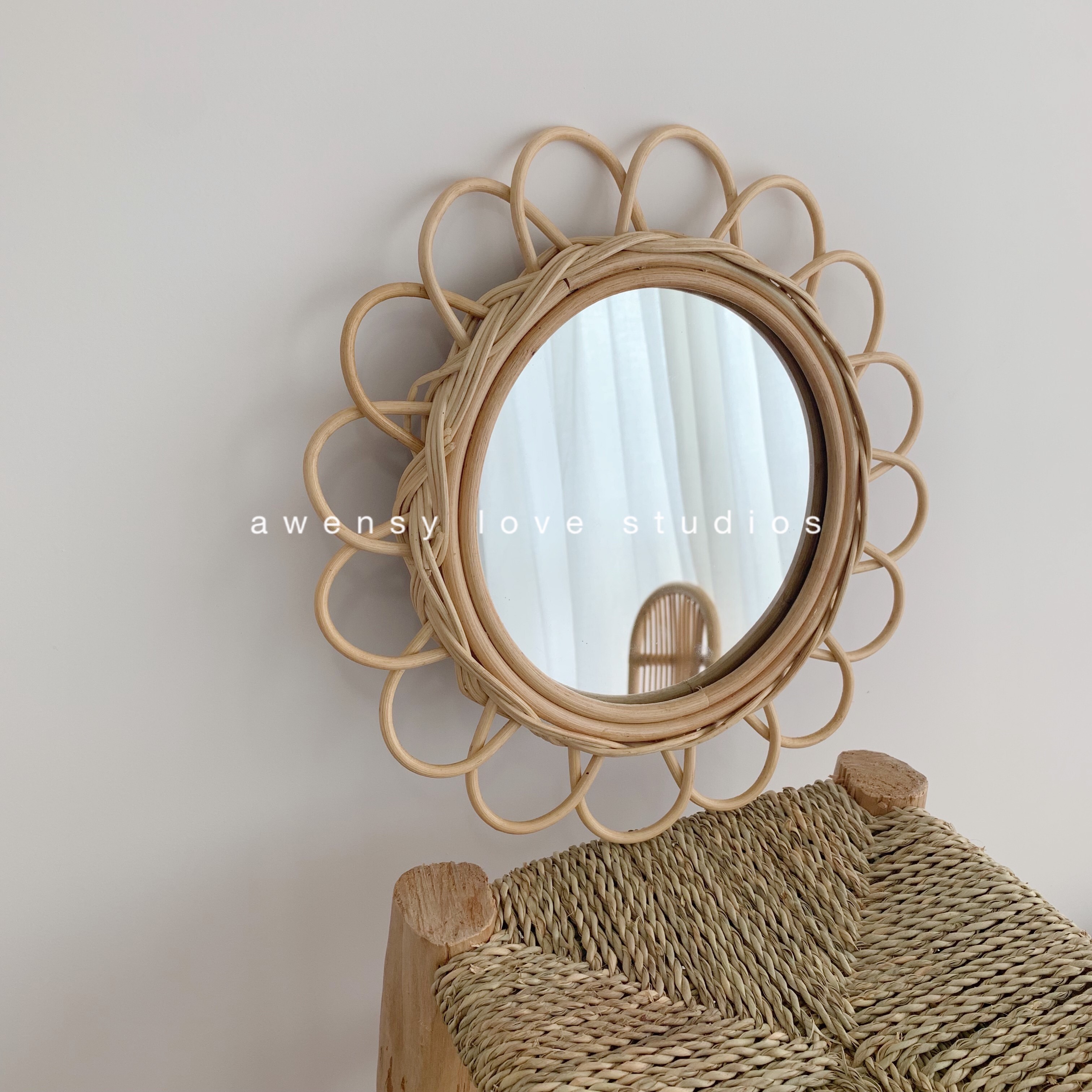 Awensy love rattan weeds ins flower mirror decoration children's room homestay entrance wall Wall Wall decoration hanging mirror