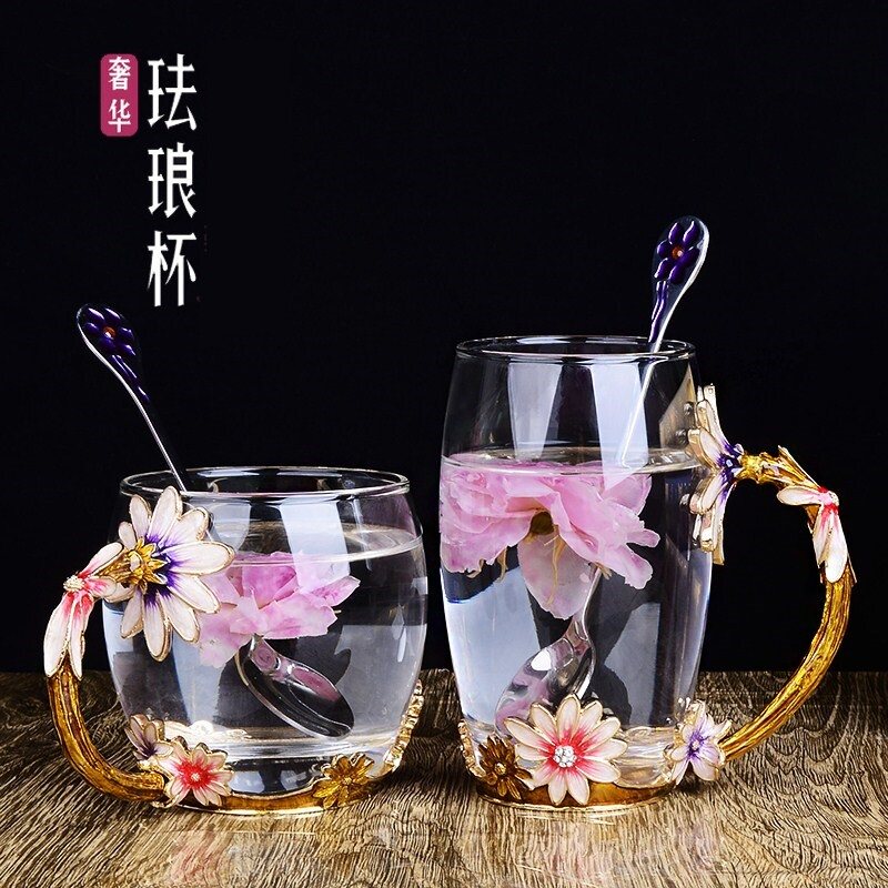 Crystal glass European retro style Enamel ribbon handle Water cup Female earth beautiful cup wedding