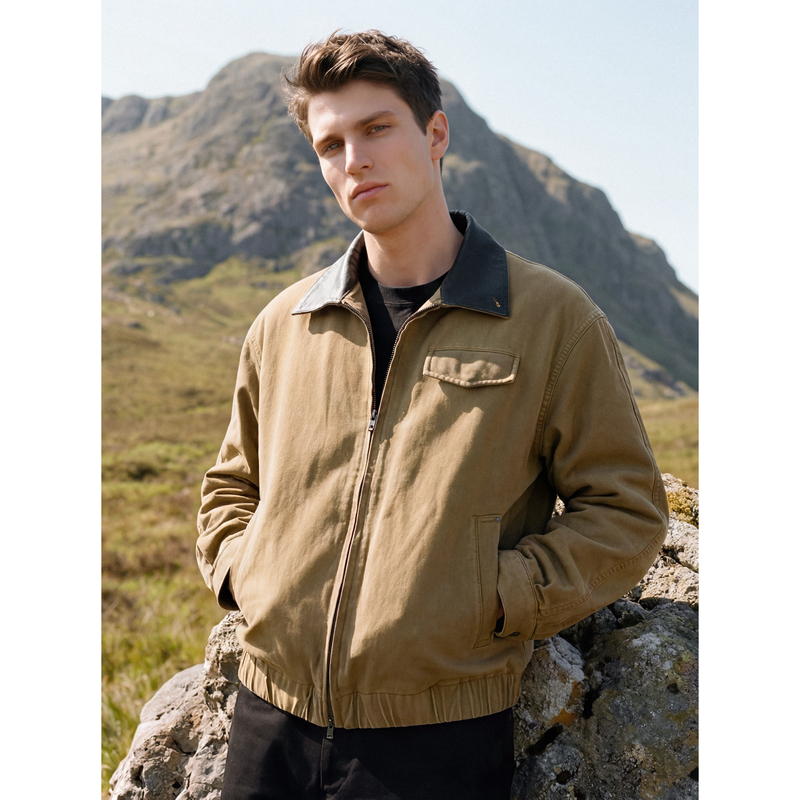 Rizzup Stone Style, Imported from Japan, Vulcanized Dyed Fabric with Leather Patchwork, Distressed Washed Jacket