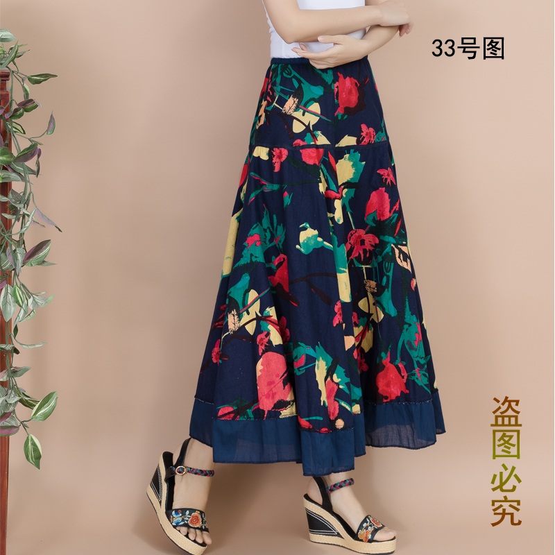 Váy cotton và vải lanh du lịch gió quốc gia in váy lớn cho nữ mùa xuân và kỳ nghỉ hè - Váy chân váy kẻ caro dài