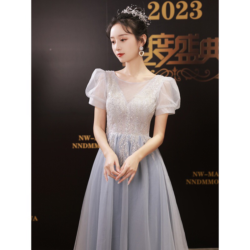 Blue Evening Dress for Women, Light Luxury Niche Birthday Host Dress, High-End Feel, Art Exam Performance, Coming-Of-Age Ceremony