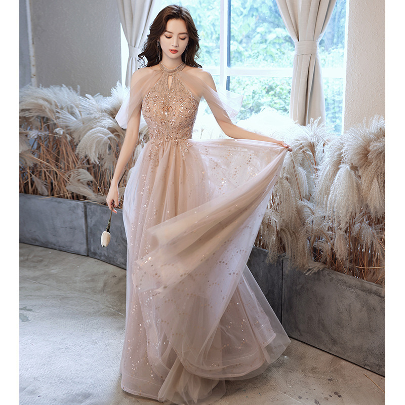 Halter Neck Evening Dress, High-End Light Luxury Niche Bridesmaid Dress, Art Exam Performance Dress, Birthday Coming-Of-Age Ceremony Host Dress