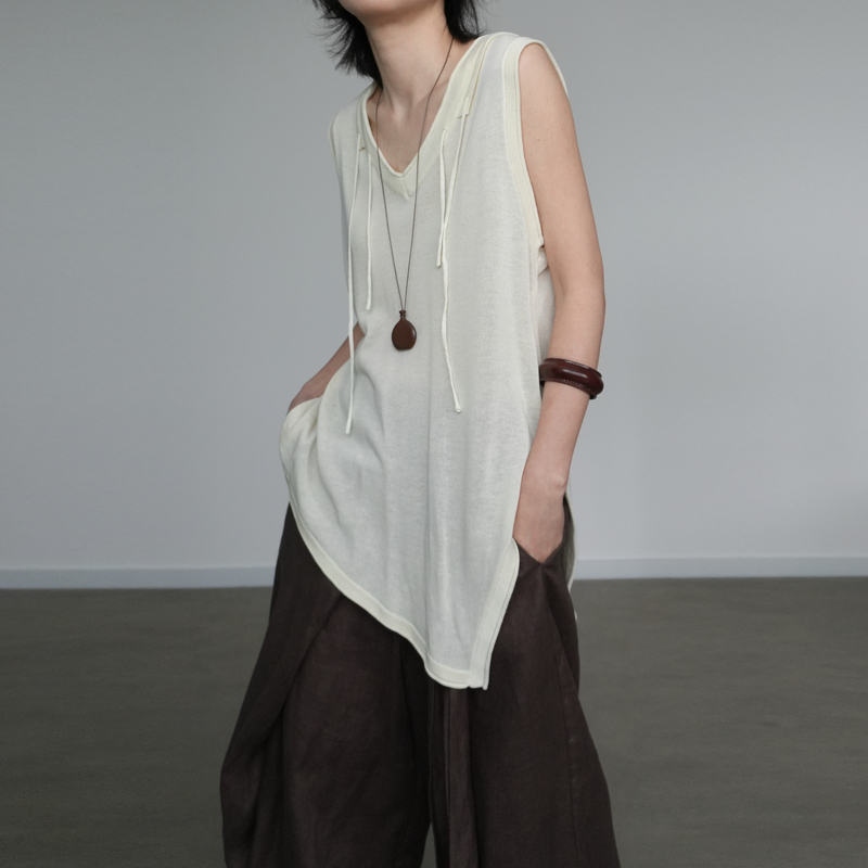 Uxi Lazy Knit Silhouette Drawstring Slimming V-Neck Irregular Hem Sleeveless Vest