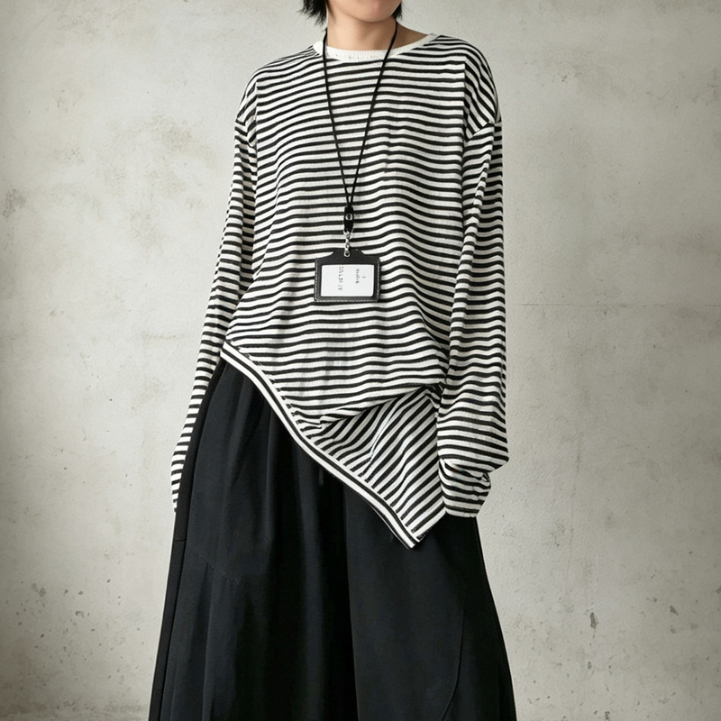 Uxi Japanese-Style Casual Fine Striped Round Neck Long-Sleeve Top Versatile Layering Irregular Hem Long T-Shirt