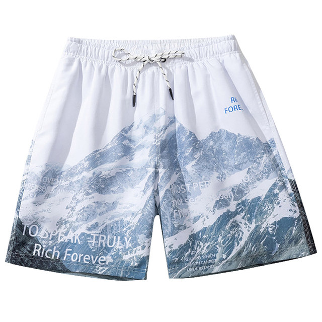Summer snow mountain printed pants beach pants men's quick-drying full inner net loose pants five-points can go into the water spring hot spring trunks swimming trendy