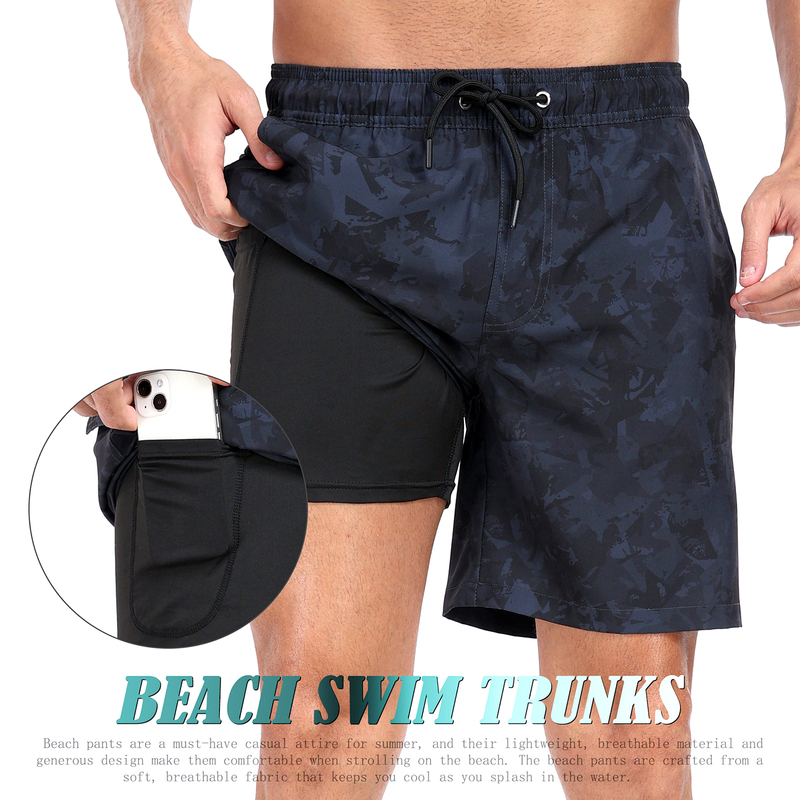 Black Dark Floral Print Double-Layer Swimming Trunks Beach Shorts Men's Quick-Drying Swimwear Anti-Embarrassment Elastic Shorts Seaside Vacation