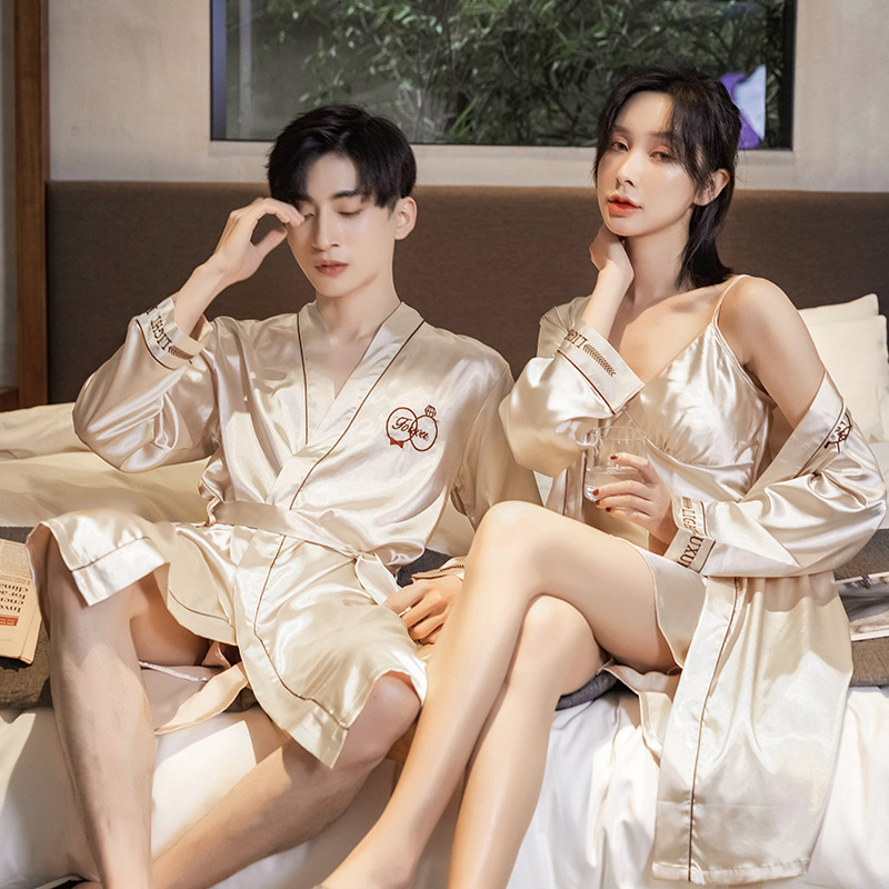 Victorian Embroidered Silk Couple Pajamas Men's Ice Silk Nightgown Shorts Women's Suspender Skirt Sexy Bathrobe Two-Piece Set Victorian Embroidered Silk Couple Pajamas Men's Ice Silk Nightgown Shorts Women's Suspender Skirt Sexy Bathrobe Two-Piece Set
