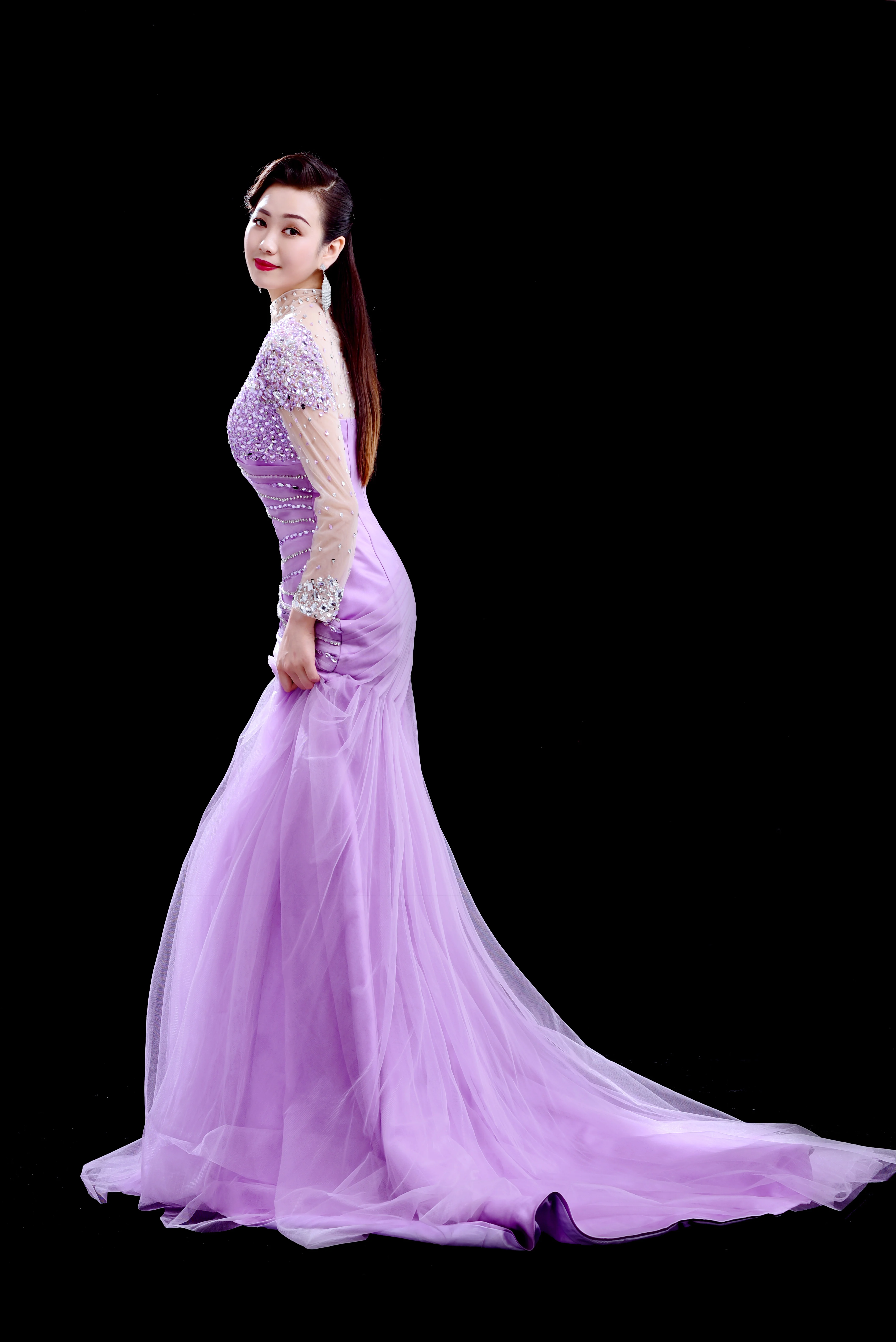 Purple dress, custom-made, "fish tail" cut