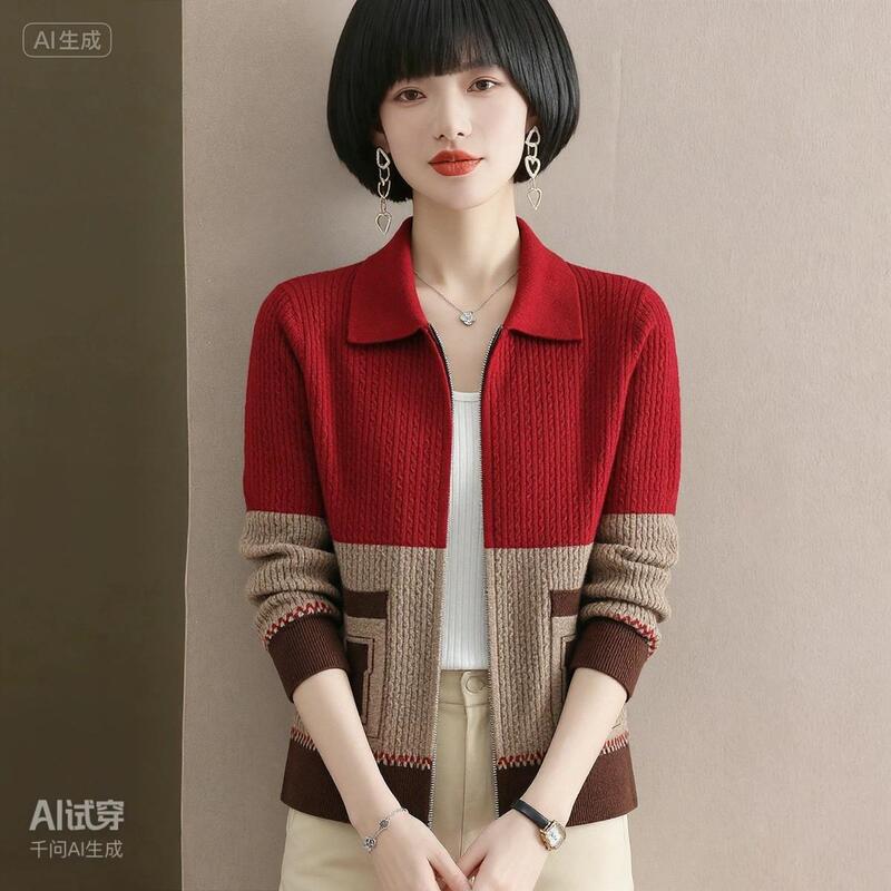Spring and Autumn Lapel Knitted Women's Cardigan 2025 New Style Zippered Stylish Coat Color-Blocked Women's Outer Sweater Spring and Autumn Lapel Knitted Women's Cardigan 2025 New Style Zippered Stylish Coat Color-Blocked Women's Outer Sweater