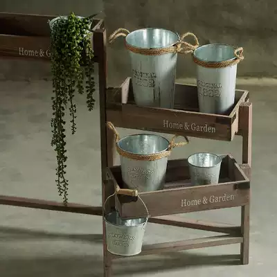 Retro do old flower arrangement iron bucket fake flower decoration flower bucket rack iron creative fake grass fleshy flower potted