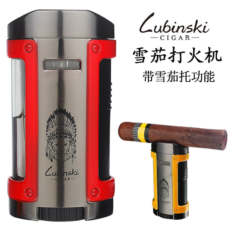 LUBINSKI cigar lighter high-grade four-stroke windproof inflatable lighter cigarette holder design with leather case