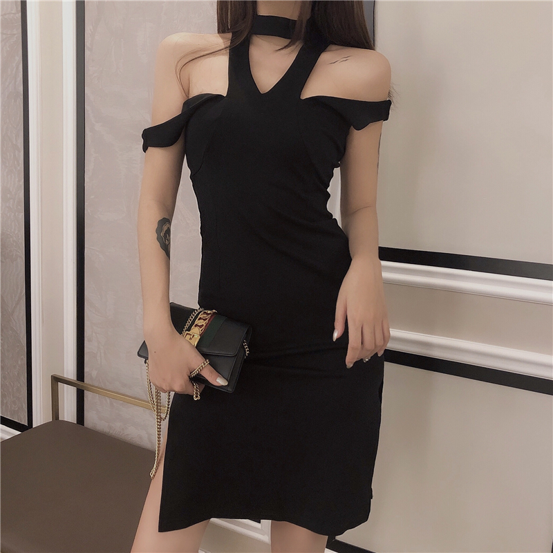 VK旗艦店 韓系性感鏤空V領掛脖顯瘦短袖洋裝