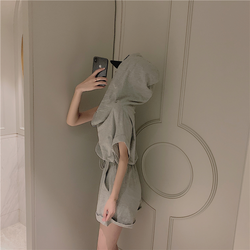 VK旗艦店 韓系連帽寬鬆抽繩連身褲套裝短袖褲裝