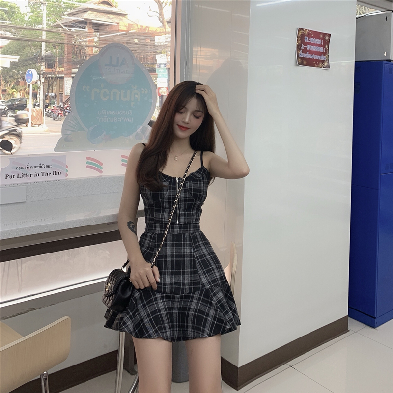 VK旗艦店 韓系復古格紋高腰顯瘦套裝無袖褲裝