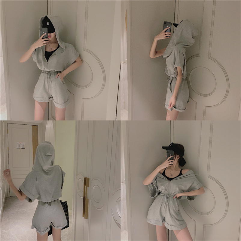 VK旗艦店 韓系連帽寬鬆抽繩連身褲套裝短袖褲裝