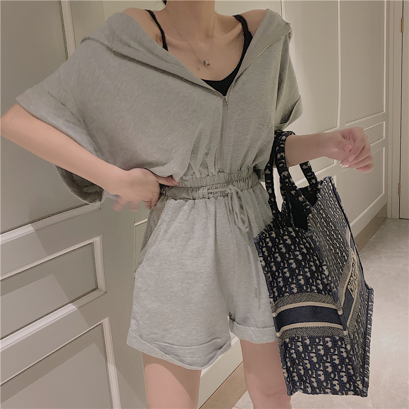 VK旗艦店 韓系連帽寬鬆抽繩連身褲套裝短袖褲裝