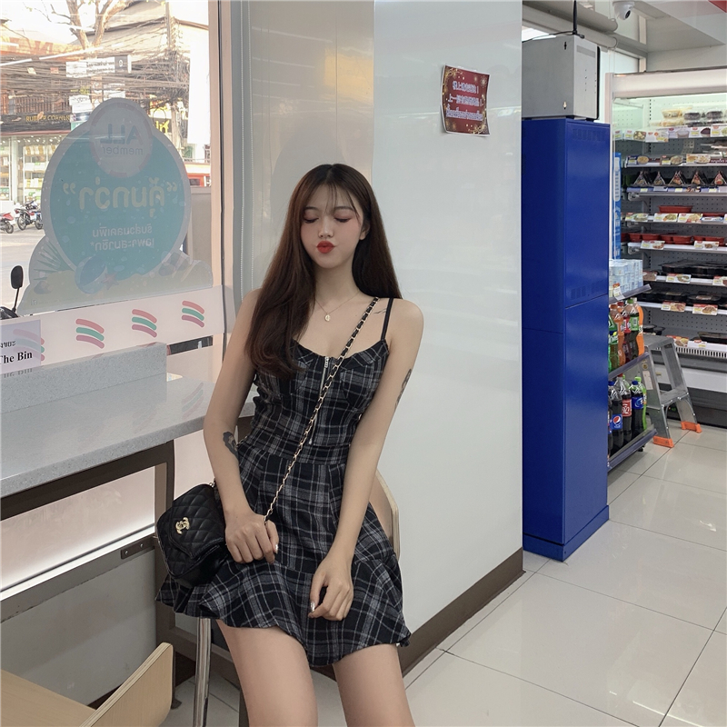 VK旗艦店 韓系復古格紋高腰顯瘦套裝無袖褲裝