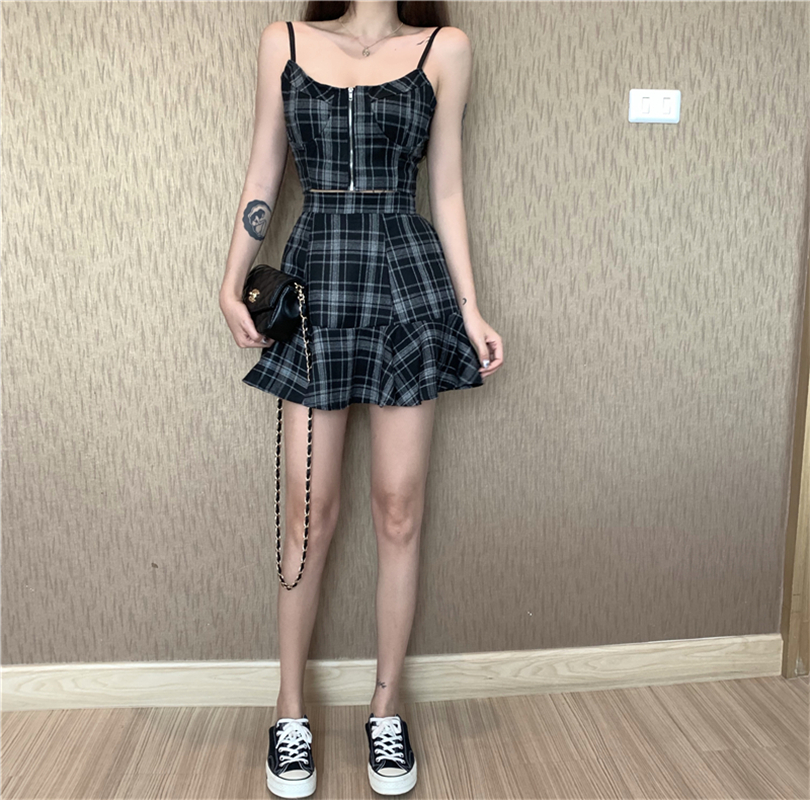 VK旗艦店 韓系復古格紋高腰顯瘦套裝無袖褲裝