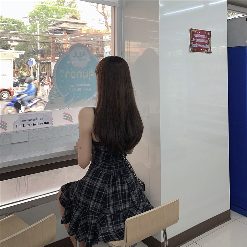 VK旗艦店 韓系復古格紋高腰顯瘦套裝無袖褲裝