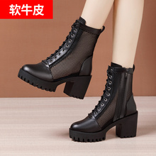 High Heel Coarse Heel Mesh Martin Boots Women's Genuine Leather Thick Bottom Waterproof Platform Hollow Summer Thin Breathable Cool Boots Large Mesh Boots