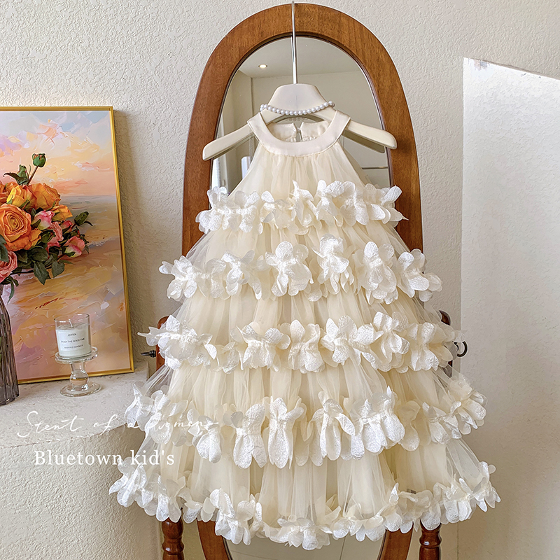 Yfy Girls' Spring and Summer Halter Neck Floral Layered Petal Long Fairy Princess Dress Puffy Cake Dress Birthday Dress
