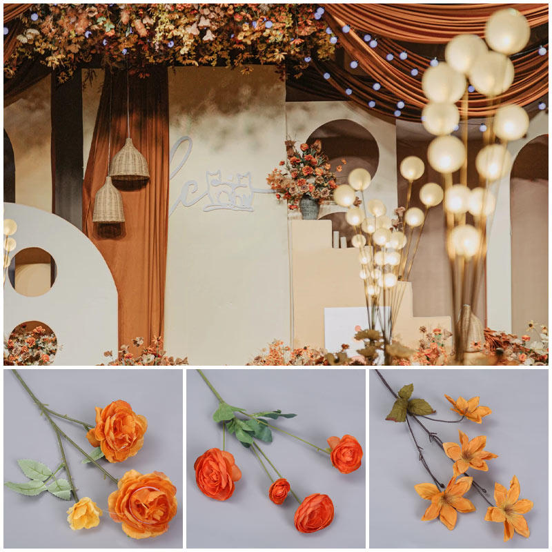 Wedding autumn color caramel color simulation flower material rose peony mist wedding hall decoration ceiling road lead background flower arrangement