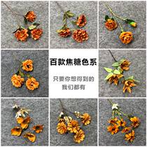  Wedding autumn caramel color simulation flower material rose peony fog wedding hall decoration ceiling road guide background flower arrangement