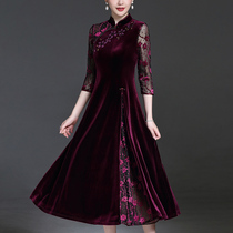 Middle-aged womens noble gold velvet cheongsam improved young mothers dress spring and autumn happy mother-in-law wedding wedding dress long skirt