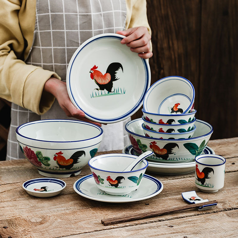 Ceramic Rooster Bowl, Plate, Spoon, and Cutlery Set, Hong Kong Chow Yun-Fat Style, Old-Fashioned, Nostalgic Chicken Bowl, Large Noodle Bowl