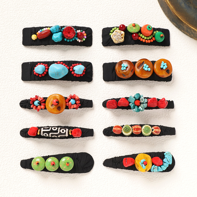 Ethnic Style Niche Design Hairpin Tibetan Dzi Beads Hand-Woven Turquoise Beeswax Side Clip Hair Accessory Women's Retro Headwear