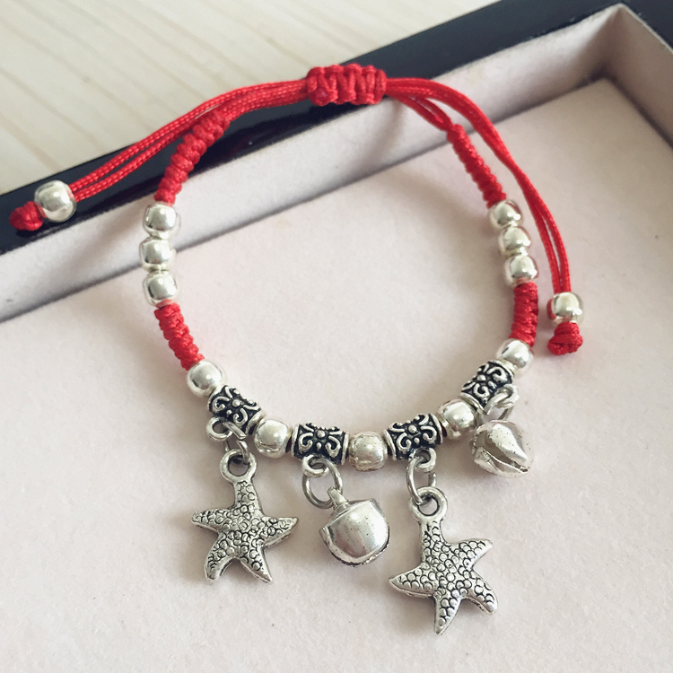 Retro phong cách dân tộc dây đỏ vòng tay nhỏ tươi đôi chuông dài cuộc sống khóa vòng chân handmade Đồ trang sức bạc Tây Tạng để giữ an toàn vòng huyết long