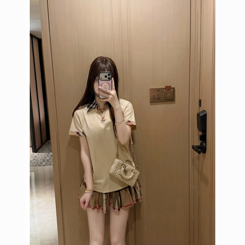 Sanmoyu Khaki Feel/Vintage Style Short Sleeve Polo Shirt with Plaid Patchwork and Turn-Down Collar, Slimming and Versatile for Commuting