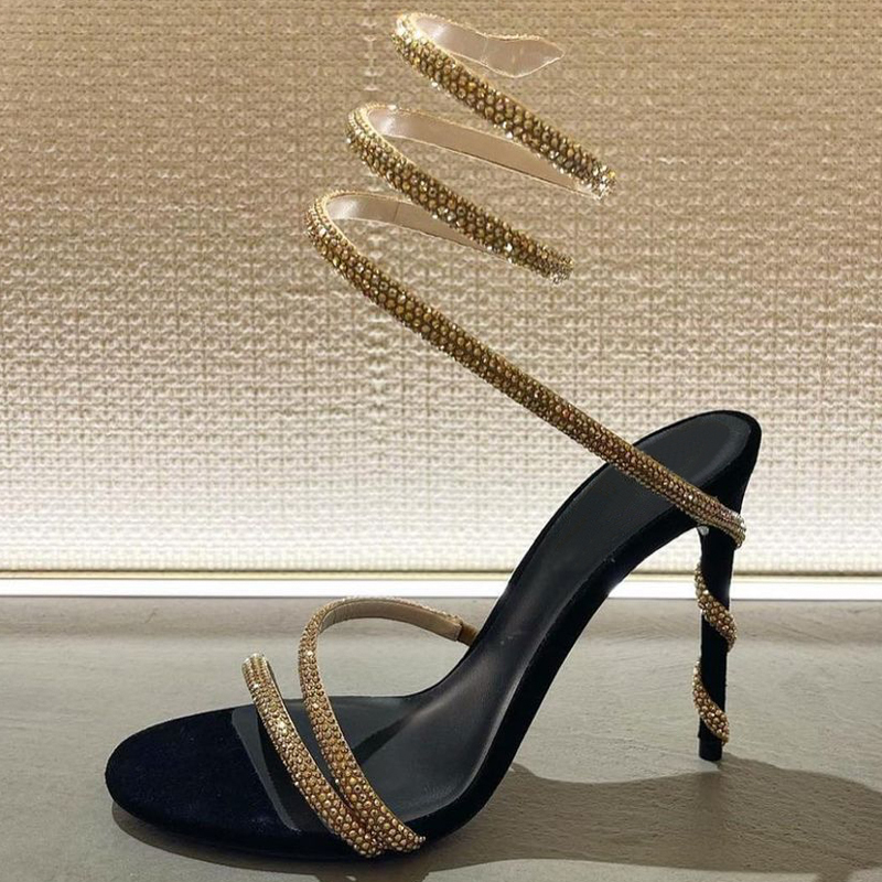 2026 New French-Style Socialite Diamond Thin Strap Snake-Shaped Wrap-Around Fashion High-Heeled Stiletto Round-Toe Open-Toe Women's Sandals