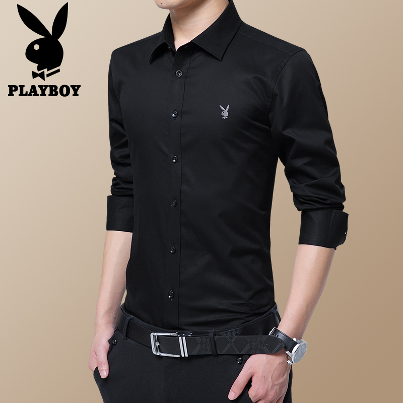 Playboy shirt men's long-sleeved casual clothes spring and autumn new trend inch shirt black slim shirt men