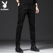 Playboy summer trend black jeans mens thin Korean version of stretch casual slim-fitting small feet long pants