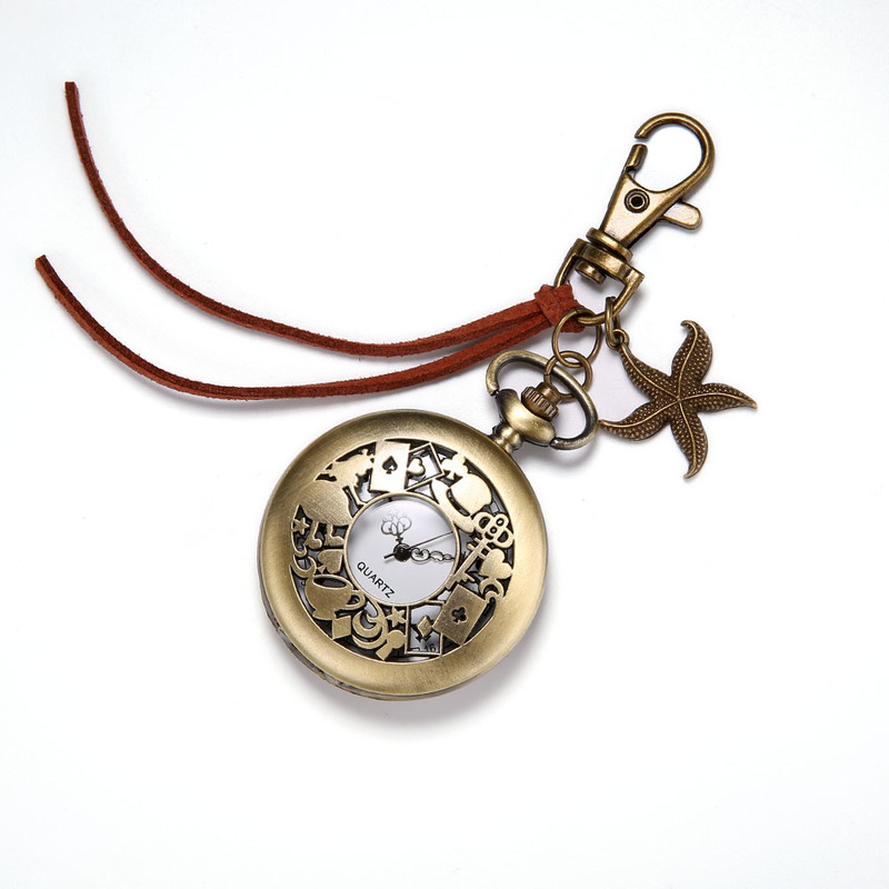 Large Quartz Leather Cord Alice in Wonderland Classic Retro Pocket Watch Starfish Keychain