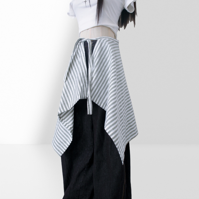 Cotton and Linen Striped Japanese-Style Casual Layering Essential, One-Piece Tie-Up Hip-Hop Street Dance Hem Shirt for Men and Women
