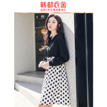 Handu clothes House 2021 Autumn New Sweet Lady college style hooded fake two polo point long sleeve dress