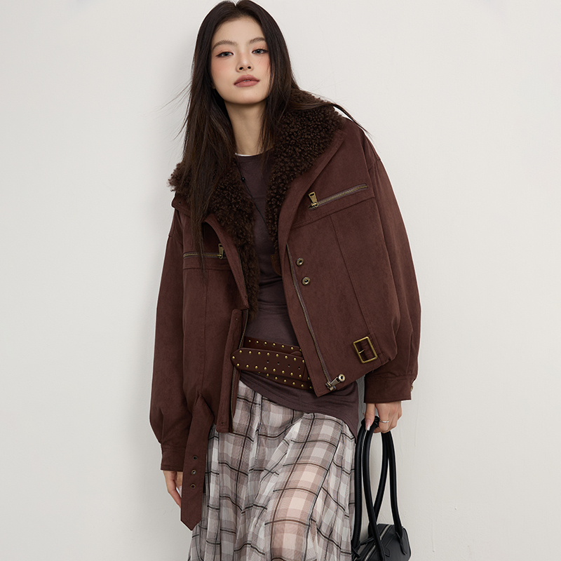 Vintage Code-Pattern Suede Wool Lapel 90% White Goose down Biker Parka Short Coat for Women