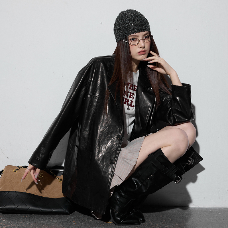 Black Suit-Style Waxed Sheepskin Leather Motorcycle Jacket for Women, Spring and Autumn