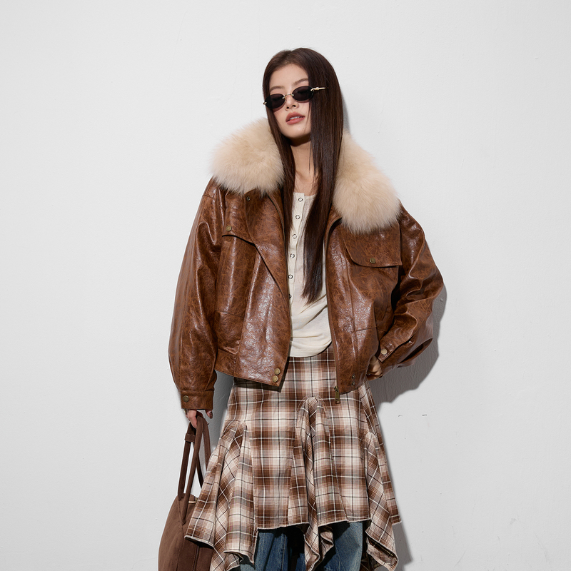 Rock Style Pu Oil Wax Leather Fox Fur Collar Goose down Parka Motorcycle Jacket Coat Women's Short Style