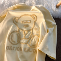 Neresum cute bear embroidery short sleeve T-shirt girl American Street niche design sense national tide cream color