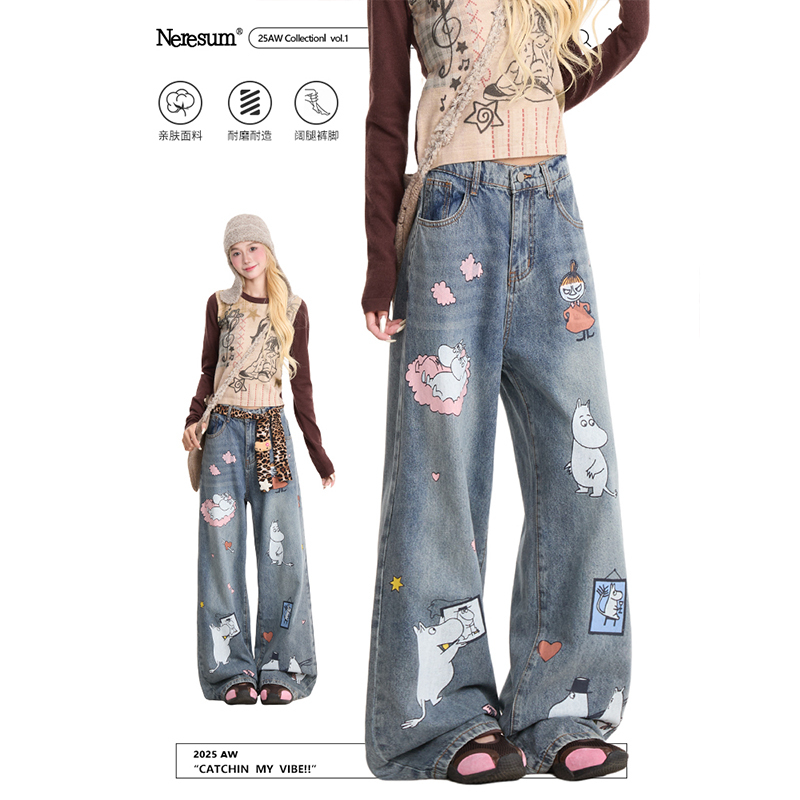 Neresum Fun Cartoon Print Jeans for Women, Trendy Brand, Vintage Washed Straight-Leg Pants, Versatile Wide-Leg Trousers