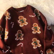 Neresum cute gingerbread man 2020 Autumn and Winter design sense niche wine red New Year sweater women loose wear