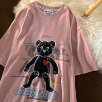 Neresum2021 New loose oversize bear print couple short sleeve T-shirt student hip hop national tide female