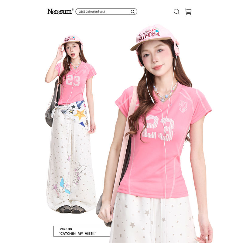 Neresum Sports Style Digital Print Pink Short-Sleeved T-Shirt for Women Summer American Sexy Slim V Neck Top