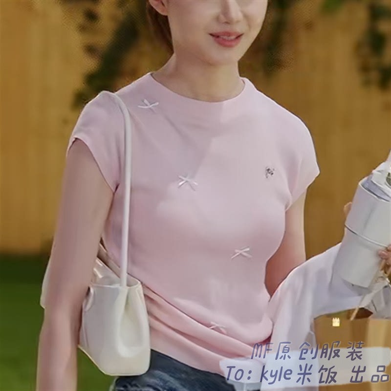Heartbeat Signal 9 Wu Siying Style Knitted Sweater T-Shirt Pink 3D Bow Pullover Short-Sleeve Top for Women Trendy Heartbeat Signal 9 Wu Siying Style Knitted Sweater T-Shirt Pink 3D Bow Pullover Short-Sleeve Top for Women Trendy