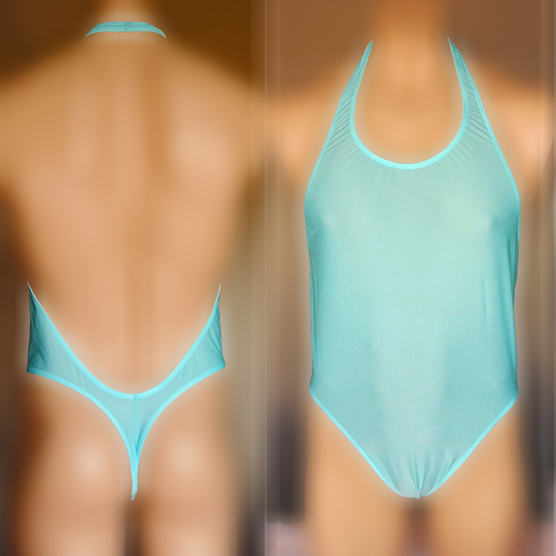 High-Cut Halter Neck, Fully Exposed Back, Thong Men's Bodysuit Shapewear, Slightly Sheer Nylon Lycra with Glossy Finish High-Cut Halter Neck, Fully Exposed Back, Thong Men's Bodysuit Shapewear, Slightly Sheer Nylon Lycra with Glossy Finish